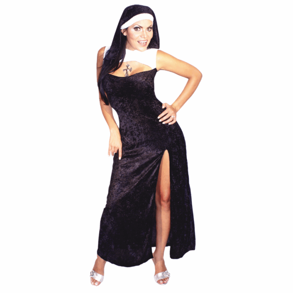 Disfraz de Monja sexy para adulta con vestido negro largo con abertura y gorro de monja