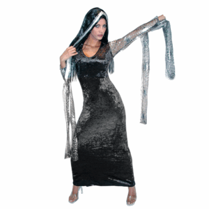 Disfraz de Morticia Addams para adulta con vestido largo negro y peluca negra con raya blanca