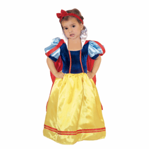Disfraz de Princesa Nieves para bebé o niña, con vestido azul y amarillo, capa roja y vincha con lazo rojo.