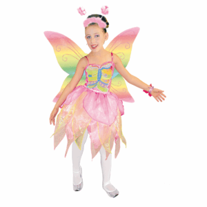 Disfraz de Princesa Arcoíris para niña, con vestido de colores pastel, alas iridiscentes y vincha de mariposa.