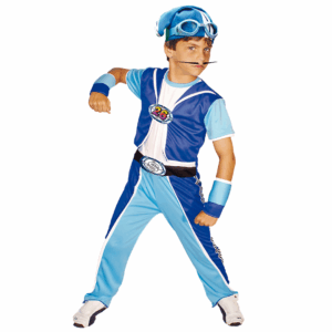 Disfraz de Sporty Boys para niño, con mono azul y blanco, chaleco, lentes en el gorro y puños.