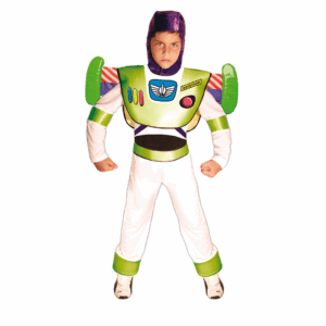 Disfraz de Boss el Astronauta para niño, con enterizo blanco, verde y morado, alas, pechera y gorro.