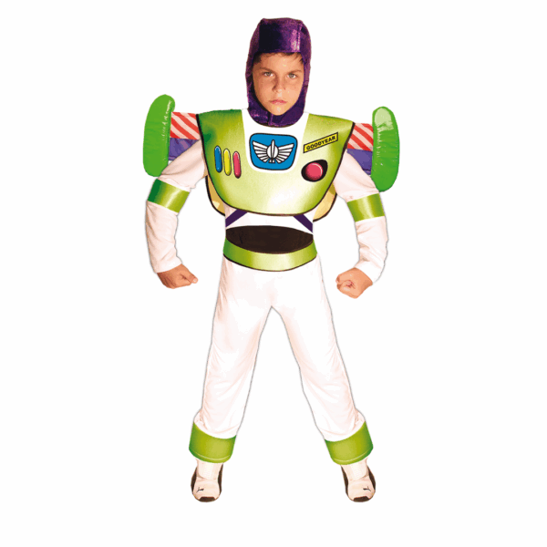 Disfraz de Boss el Astronauta para niño, con enterizo blanco, verde y morado, alas, pechera y gorro.