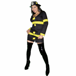 Disfraz de Bombera Audaz para adulta con vestido negro con franjas amarillas y casco de bombero