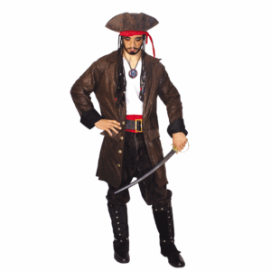 Disfraz de Pirata del Caribe para adulto con chaqueta marrón, camisa blanca, cinturón rojo, sombrero tricornio y medallón