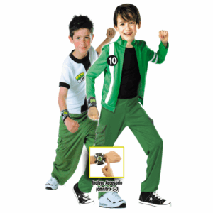 Disfraz de Ben 10 para niño con chaqueta verde, franela blanca, pantalón verde y reloj Omnitrix 3D.