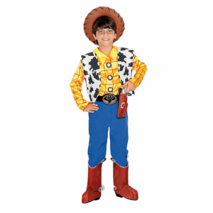 Disfraz de Wudy Vaquero para niño, con camisa a cuadros, chaleco de vaca, pantalón azul, cinturón y cubrebotas rojas.