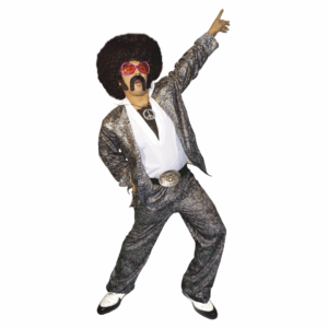 Disfraz de Hombre Disco de los años 70 con traje plateado, camisa blanca y peluca afro
