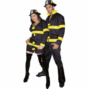 Disfraz de Bombero para adulto con chaqueta negra con franjas amarillas y casco de bombero