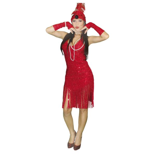 Disfraz de Charleston para adulta con vestido rojo de lentejuelas y flecos, vincha con pluma y guantes largos