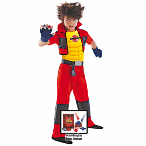 Disfraz de Dan Kuso de Bakugan para niño con pantalón rojo, chaleco, franela amarilla, guante y accesorios