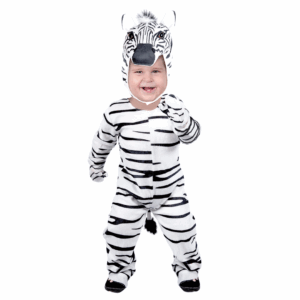 Disfraz de Cebrita para bebé o niño pequeño, con enterizo de rayas blancas y negras, manoplas y gorro con la cara de cebra.