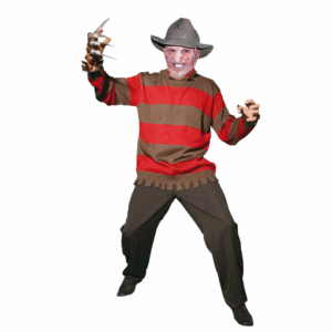 Disfraz de Freddy Krueger para adulto con suéter a rayas rojo y marrón, guante con cuchillas y máscara facial