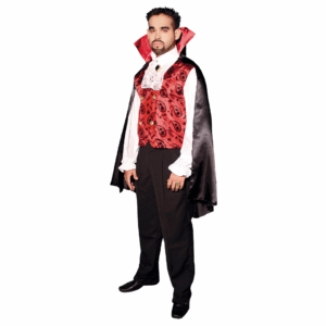 Disfraz de Vampiro Gótico para adulto con capa negra y roja, chaleco rojo estampado, camisa blanca y pañuelo con broche