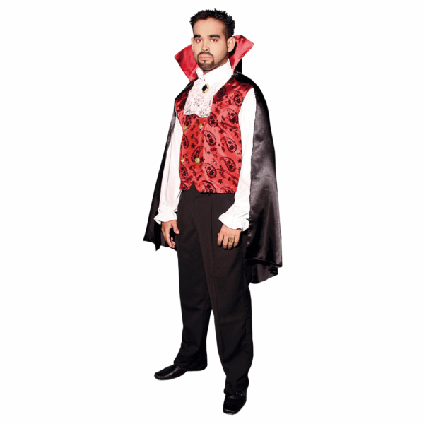 Disfraz de Vampiro Gótico para adulto con capa negra y roja, chaleco rojo estampado, camisa blanca y pañuelo con broche