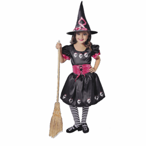 Disfraz de Brujita Calavera para niña con vestido negro y rosa, estampado de calaveras, y sombrero puntiagudo