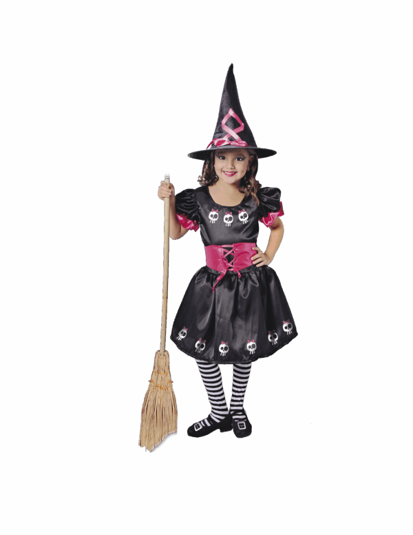 Disfraz de Brujita Calavera para niña con vestido negro y rosa, estampado de calaveras, y sombrero puntiagudo