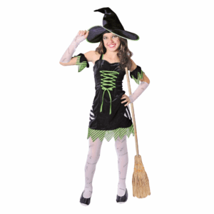 Disfraz de Bruja Psicodélica para niña, con vestido negro con cordones verdes y falda a rayas, y sombrero de bruja negro con borde verde.
