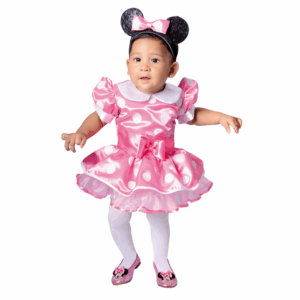 Disfraz de Ratoncita para bebé o niña, con vestido rosa brillante de lunares blancos y vincha con orejas y lazo rosa.