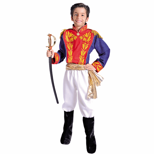Disfraz de Patriota para niño con chaqueta militar azul y roja, detalles dorados, cinturón dorado, pantalón blanco y sobrebotas negras.