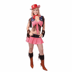 Disfraz de Vaquera Sexy para adulta con chaleco, blusa de cuadros, falda y accesorios de flecos