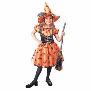 Disfraz de Brujita Naranja para niña con vestido naranja estampado de arañas, y sombrero puntiagudo