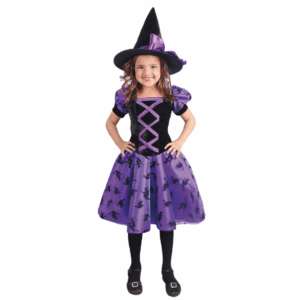 Disfraz de Bruja Chic Morada para niña con vestido morado estampado de arañas, y sombrero puntiagudo
