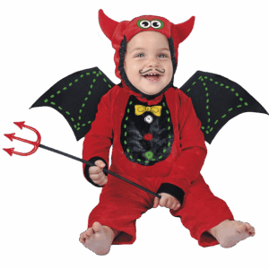 Disfraz de diablito bebé, enterizo rojo con alas negras y gorro con cuernos