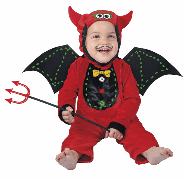 Disfraz de diablito bebé, enterizo rojo con alas negras y gorro con cuernos