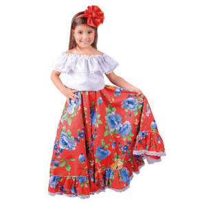 Disfraz de Llanera para niña, con falda larga roja con flores azules, blusa blanca de hombros caídos y un gran adorno floral rojo para el cabello