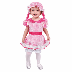 Disfraz de muñeca de trapo para niña con vestido a cuadros rosas y blancos, peluca rizada rosa con trenzas y gorro, y pantalón corto blanco.