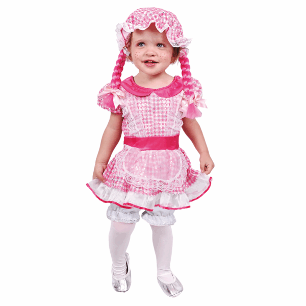 Disfraz de muñeca de trapo para niña con vestido a cuadros rosas y blancos, peluca rizada rosa con trenzas y gorro, y pantalón corto blanco.