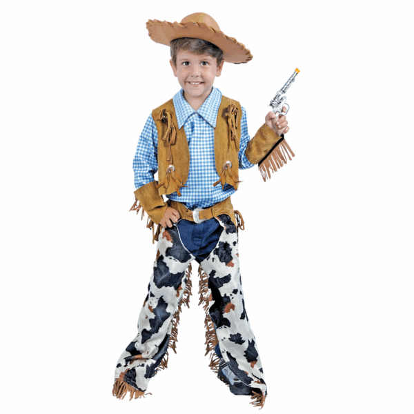 Disfraz de vaquero para niño con chaleco marrón, camisa a cuadros, sobrepantalón de vaca y sombrero vaquero