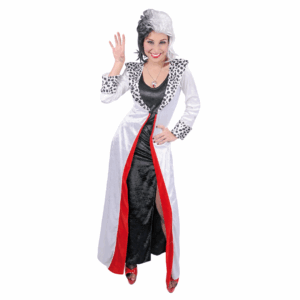 Disfraz de Cruela de Vil para adulta con vestido negro, capa blanca con estampado de dálmata y peluca bicolor