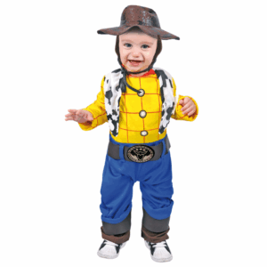 Disfraz de Vaquerito Woody para bebé, con enterizo de camisa a cuadros y chaleco estampado de vaca, sombrero de vaquero y cinturón con hebilla.
