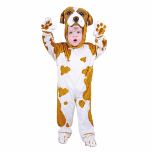 Disfraz de Perrito para bebé o niño pequeño, con enterizo blanco con manchas marrones, manoplas con forma de pata y gorro con la cara de perro.