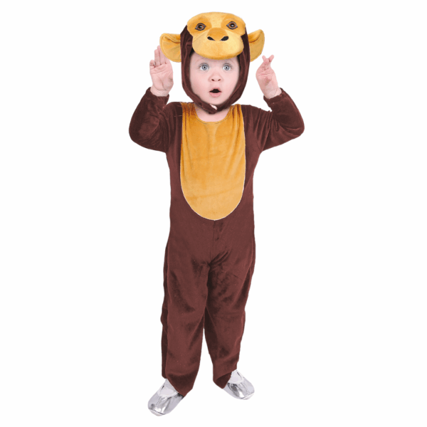Disfraz de Monito para bebé o niño pequeño, con enterizo de felpa marrón y beige, manoplas integradas y gorro con la cara de mono.