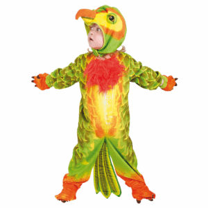 Disfraz de Pajarito Exótico para bebé o niño pequeño, con enterizo de plumas verdes, amarillas y naranjas, manoplas y gorro con pico.