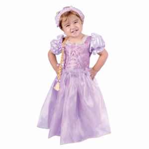 Disfraz de Rapunzel para bebé o niña, con vestido morado y vincha con trenza rubia.