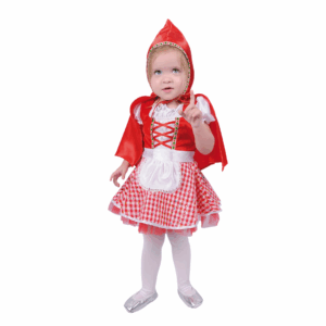 Disfraz de Caperucita Roja para bebé con vestido a cuadros rojos y blancos, delantal blanco y capa roja con capucha.
