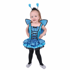 Disfraz de mariposa azul para bebé, incluye vestido brillante con detalle de corsé, alas y diadema de antenas.