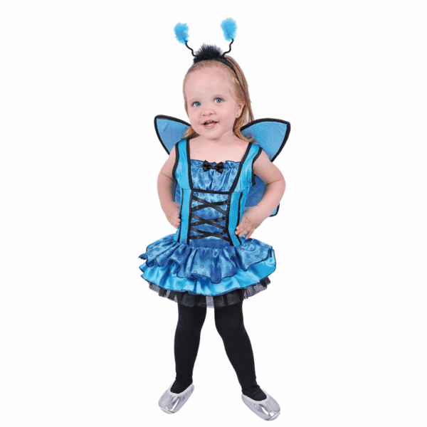 Disfraz de mariposa azul para bebé, incluye vestido brillante con detalle de corsé, alas y diadema de antenas.