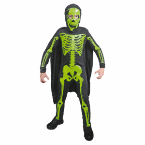Disfraz de Calavera Fluorescente para niño con traje negro de esqueleto neón, capa y máscara verde