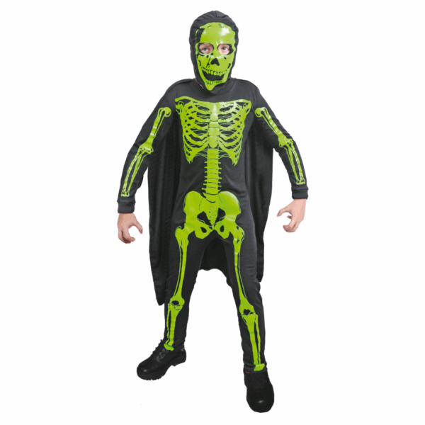 Disfraz de Calavera Fluorescente para niño con traje negro de esqueleto neón, capa y máscara verde