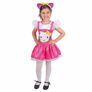 Disfraz de Gatica Kitty para niña, con vestido rosa con estampado de Hello Kitty y vincha con orejas y lazo.