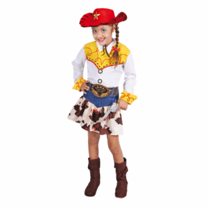 Disfraz de Vaquerita Wudy para niña, con camisa blanca y amarilla, falda con estampado de vaca, cinturón y sombrero de vaquera rojo.