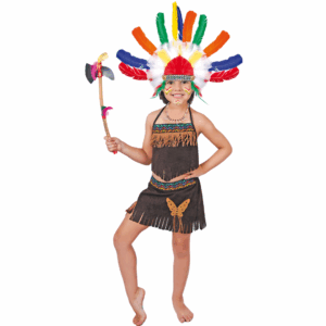 Disfraz de India Amazónica para niña con top y falda marrones con flecos, y un gran tocado de plumas multicolores.