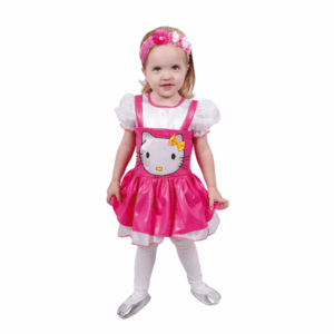 Disfraz de gatita rosa para bebé con diseño de Hello Kitty en el pecho, mangas abullonadas y diadema de orejas y lazo.