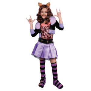 Disfraz de Monster H Loba para niña, con chaqueta negra con cuello de piel violeta, blusa estampada, falda plisada violeta con cinturón, cubre botas de rayas y gargantilla.