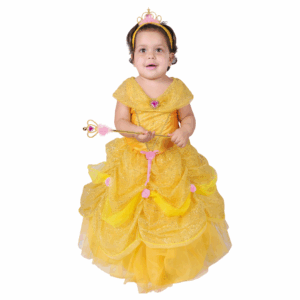 Disfraz de Princesa Bella para bebé o niña, con vestido amarillo brillante con detalles de rosas y corpiño con corazón.